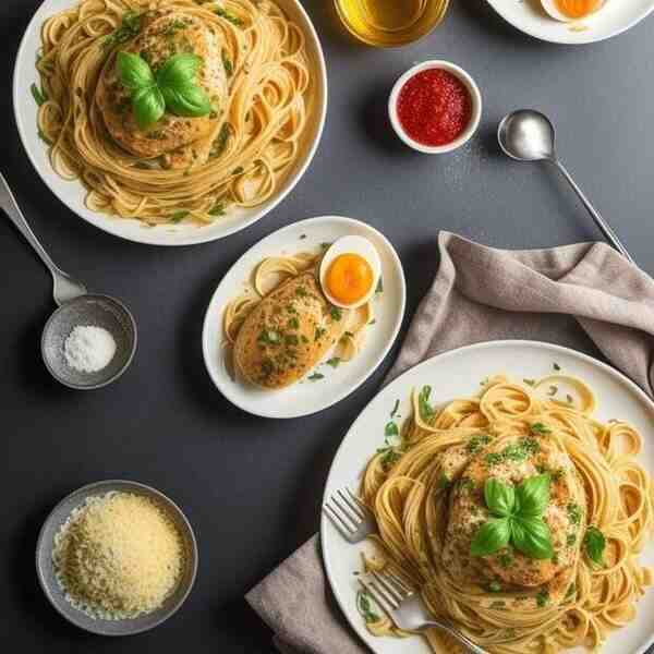 Паста с курицей в яичносметанном соусе